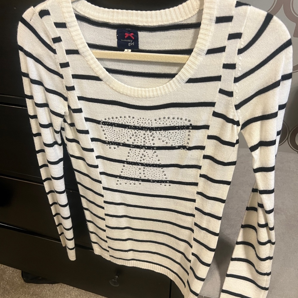 Tommy Girl Black and Cream Striped Sweater with bow embellishment design